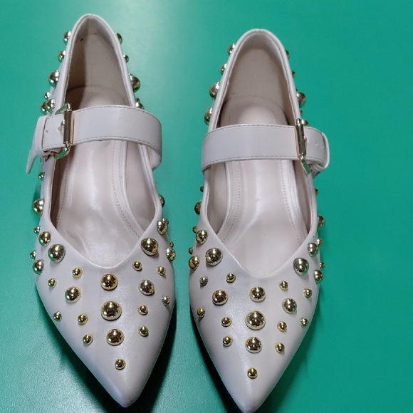 Shoes - White Mary Jane Flats with Gold Stud Accents